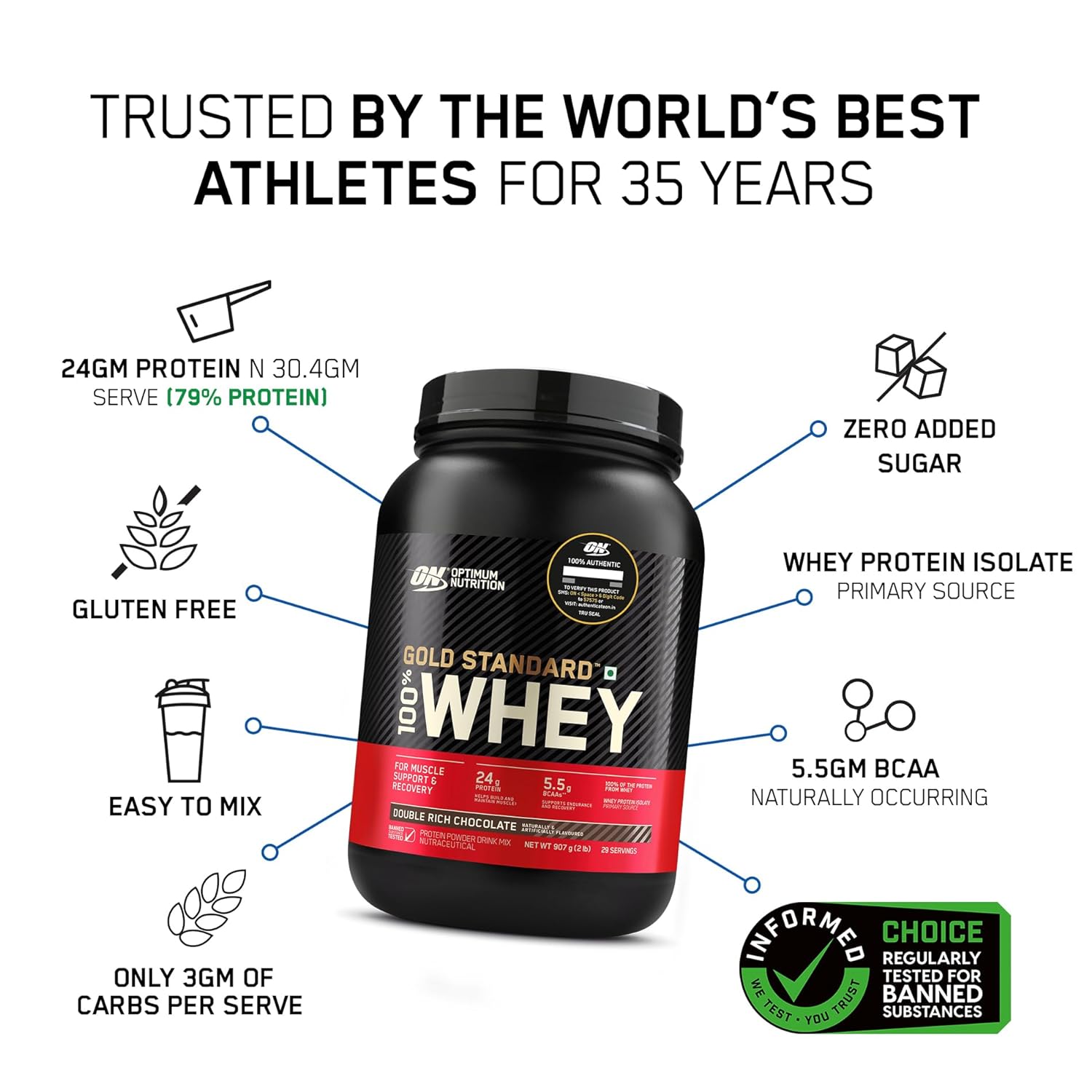 Optimum Nutrition Gold standard Whey 24g protein, 2LB, vanilla ice cream