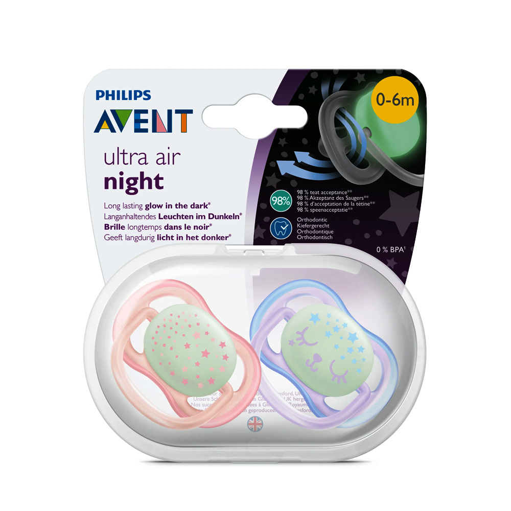 Avent Soother Ultra Night 0-6m Girls 2pcs 376/12