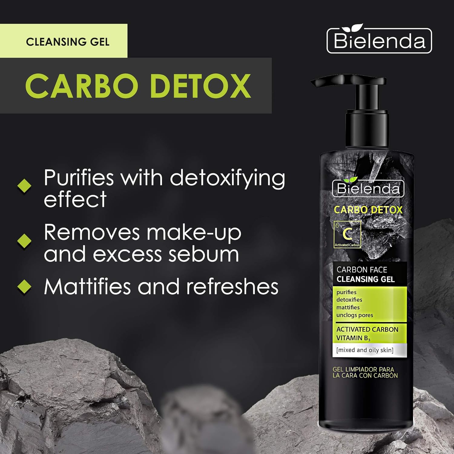 Bielenda CARBO DETOX Carbon Face Cleansing Gel for Mixed & Oily Skin - Gel Wash for Oily and Combination Skin .