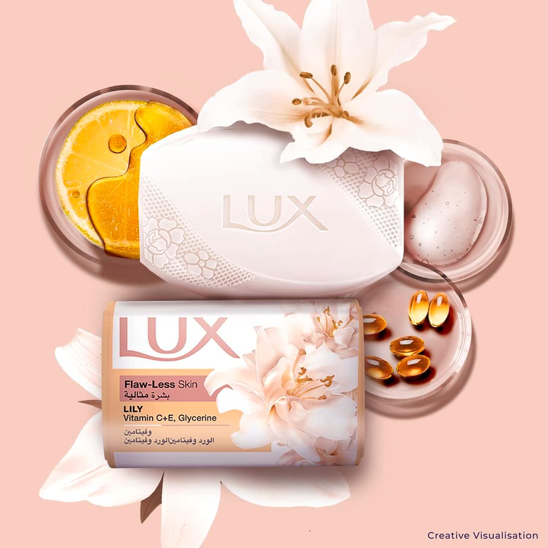 LUX Bar Soap for flaw-less skin, Lily, with Vitamin C, E, and Glycerine, 75g (Pack of 6)