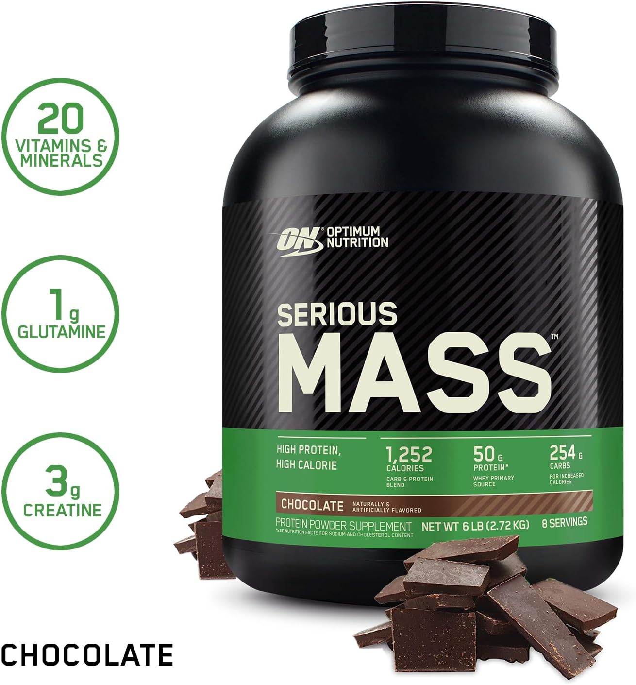 Optimum Nutrition (ON) Serious Mass High Protein and High Calorie Gainer Powder - 6 lbs (Chocolate) with Vitamins and Minerals 