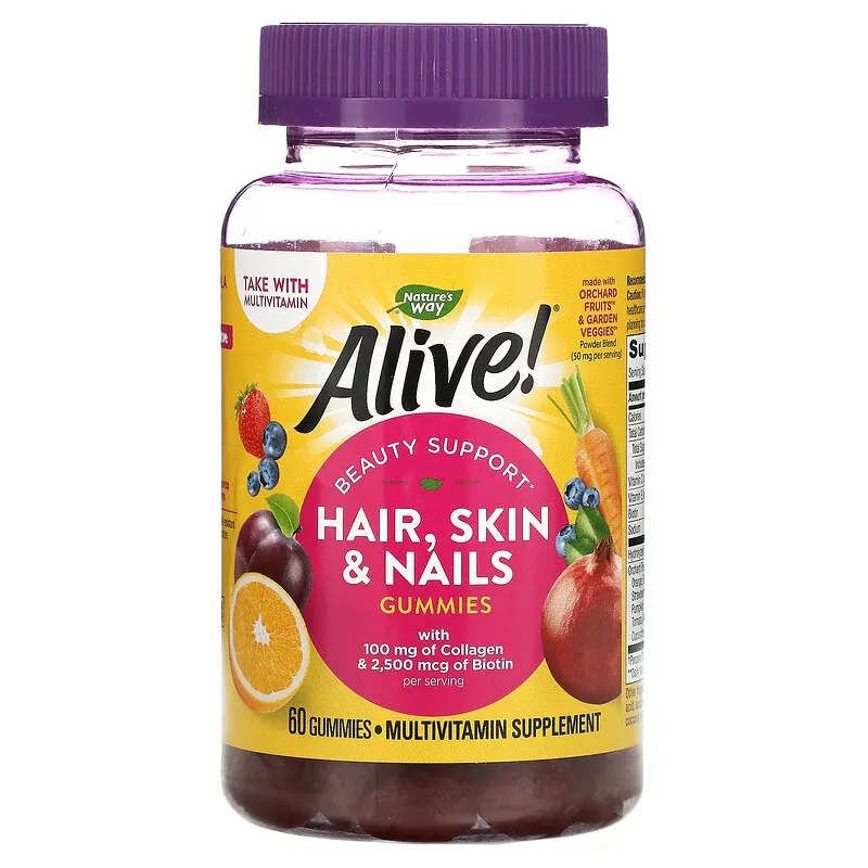 Nature\'s Way, Alive! Hair, Skin & Nails with Collagen & Biotin, Strawberry, 60 Gummies