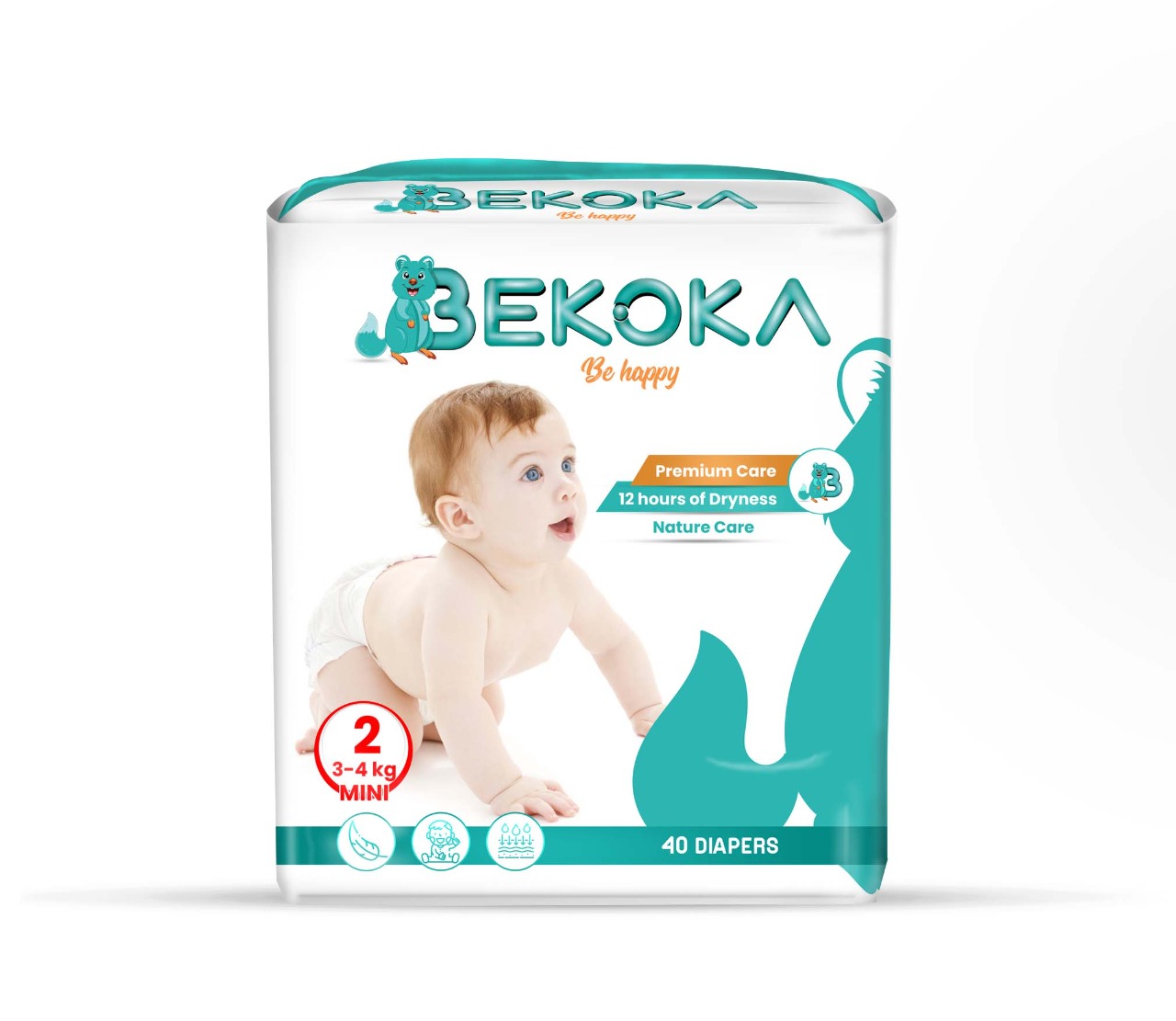 Bekoka Diapers With Natural And Safe Ingredients, size 2,Weight (3-4 kg) 40 Diapers