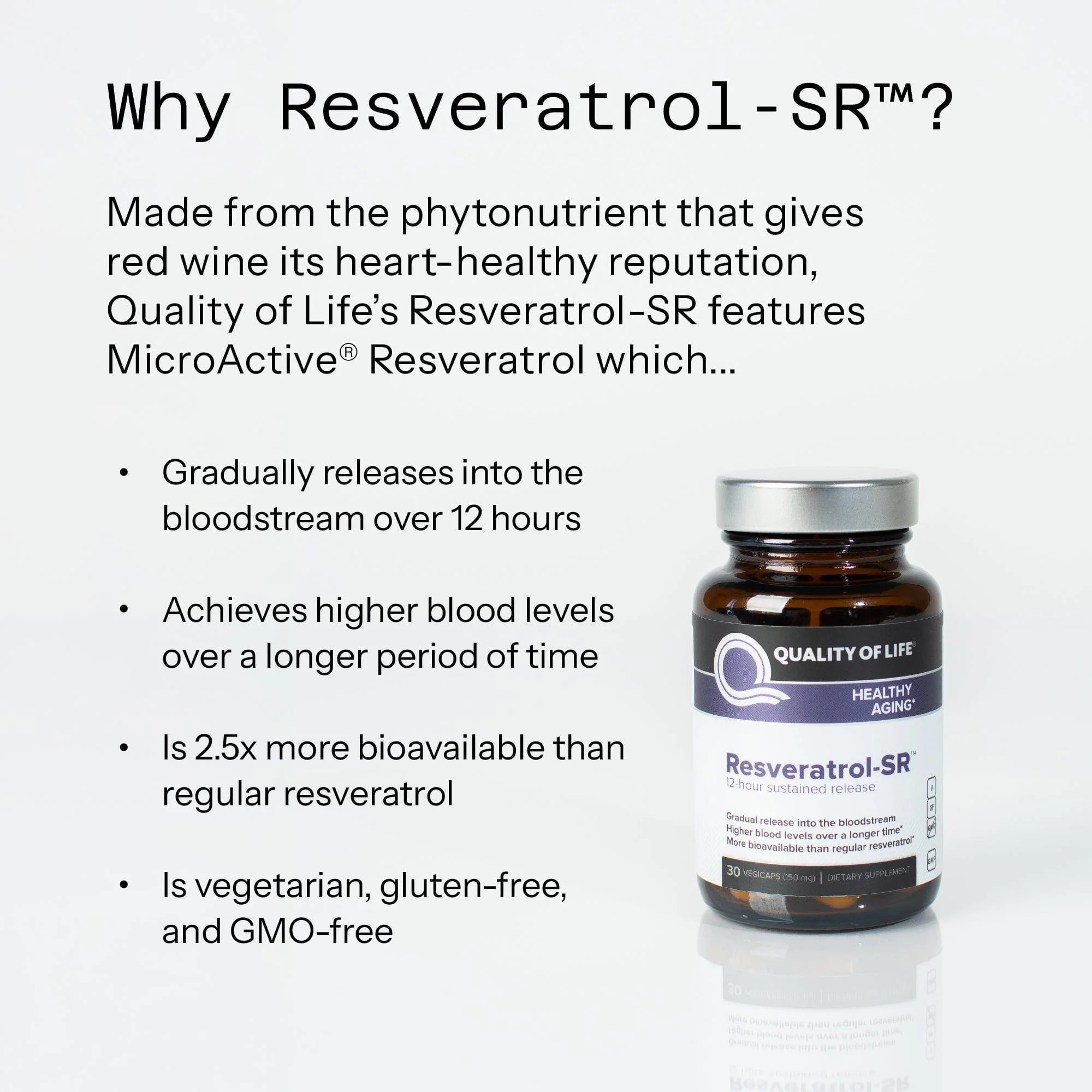 RESVERATROL SR- Supports healthy aging, metabolism, Enhances blood flow  150 mg, 30 Vegicaps