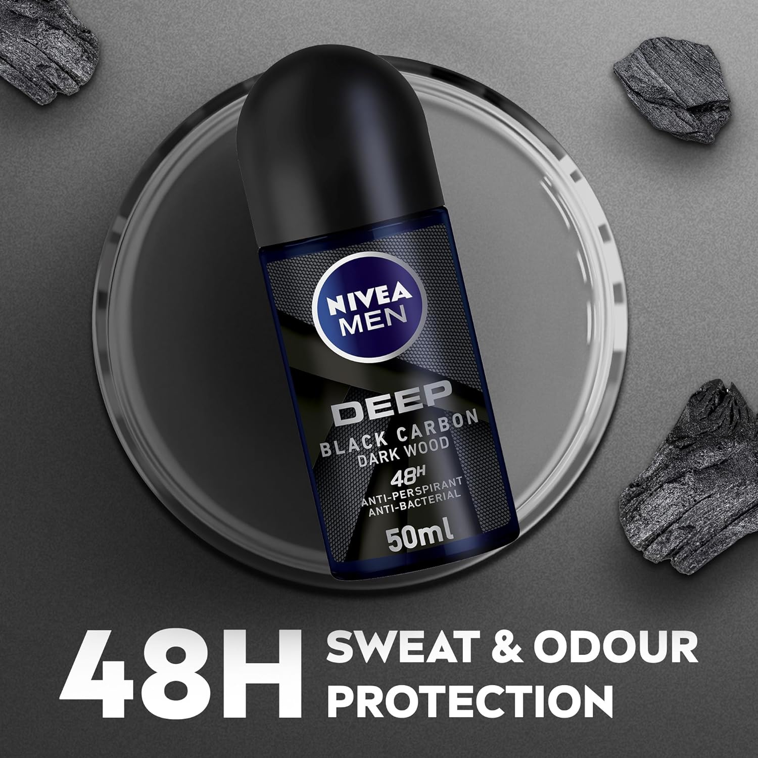 NIVEA MEN Antiperspirant Roll-on for Men, 48h Protection, DEEP Black Carbon Antibacterial, Woody Scent, 50ml