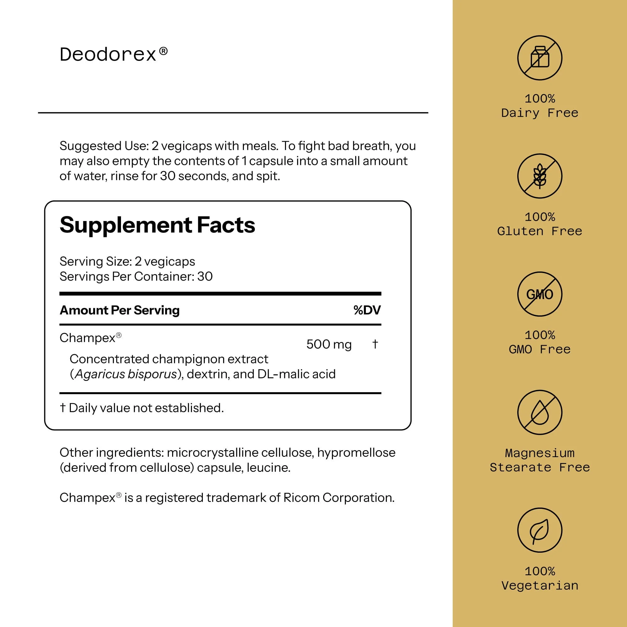 DEODOREX 60 CT, Detox Support with Champex, Mushroom Extract, 60 Vegicaps (250 mg per Capsule)