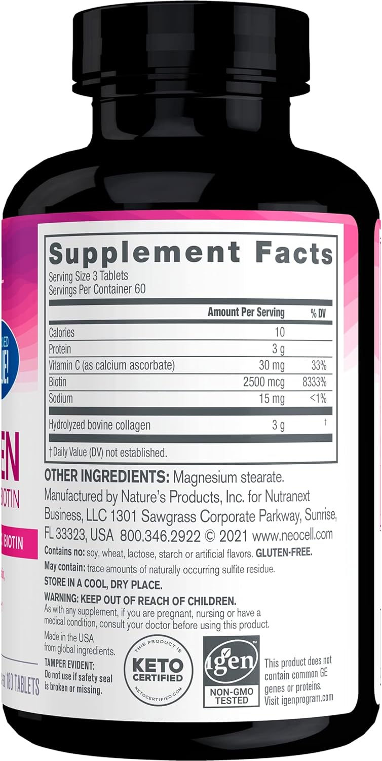 NeoCell Super Collagen Peptides + Vitamin C & Biotin, 3g Collagen Per Serving, Gluten Free, Promotes Healthy Hair, Beautiful Skin, and Nail Support, Dietary Supplement, 180 Tablets