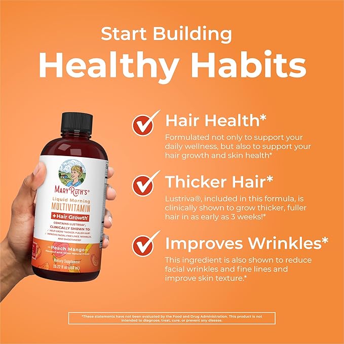 Mary Ruth Morning Multivitamin +Hair Growth Liquid, Peach Mango, 15.22 fl oz