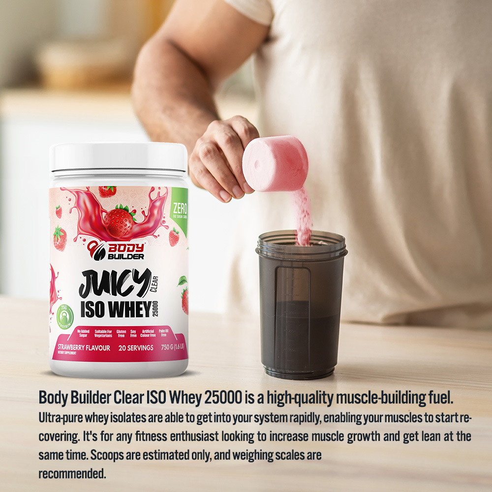 Body Builder Juicy ISO whey 25000 Strawberry flavor 20 servings 1.6LB, Protein Per Serving.