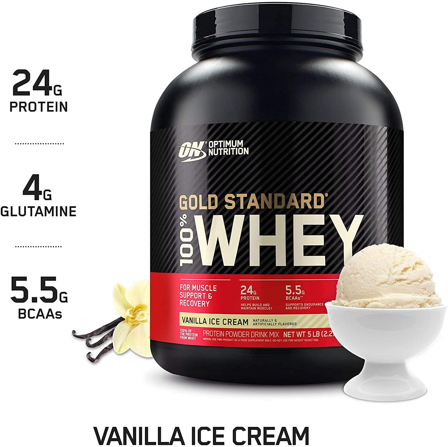 Optimum Nutrition Gold standard Whey, 24gm protein  5LB vanilla ice cream