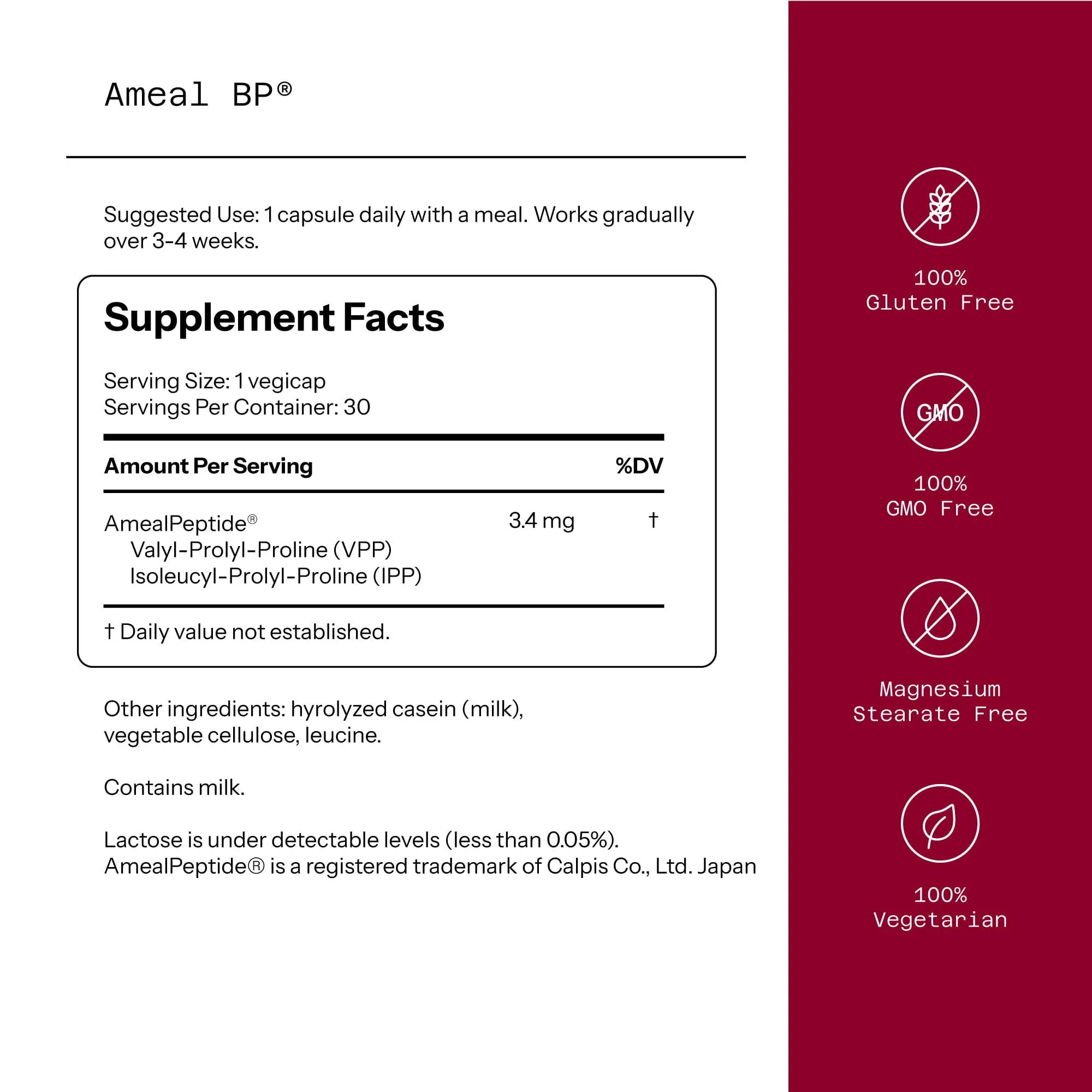 AMEAL BP - Maintain blood pressure & Cardiovascular Health, 3.4 mg, 30 Vegicaps