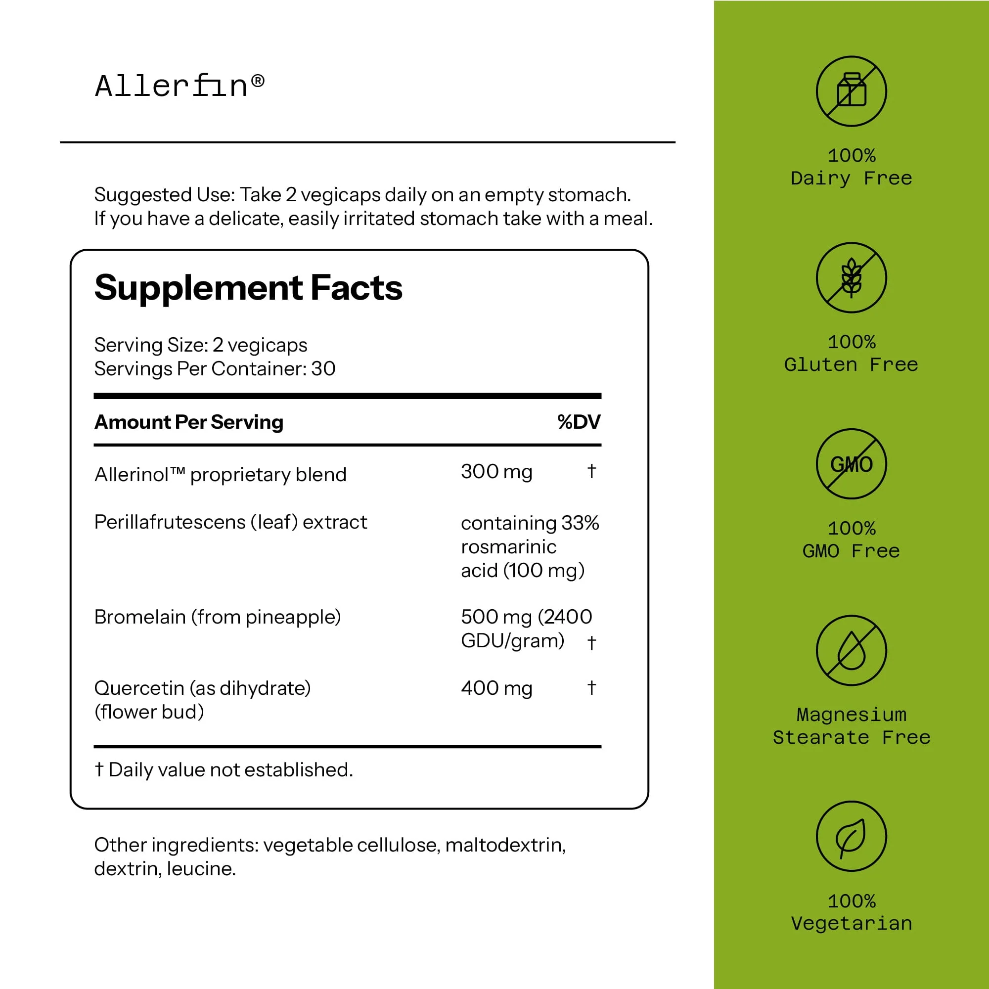 ALLERFIN - Premium Sinuses Relief Supplement – Helps Support Sinus, Nasal, Lung, Seasonal & Allergy Relief - Includes Bromelain, Quercetin, Stinging Nettle & Allerinol – 60 Vegetable Capsules