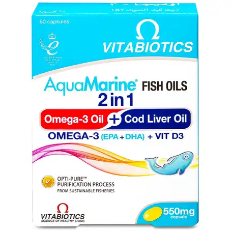 Vitabiotics Aquamarine 2-in-1 Omega 3 & Cod Liver Oil 60 Capsules