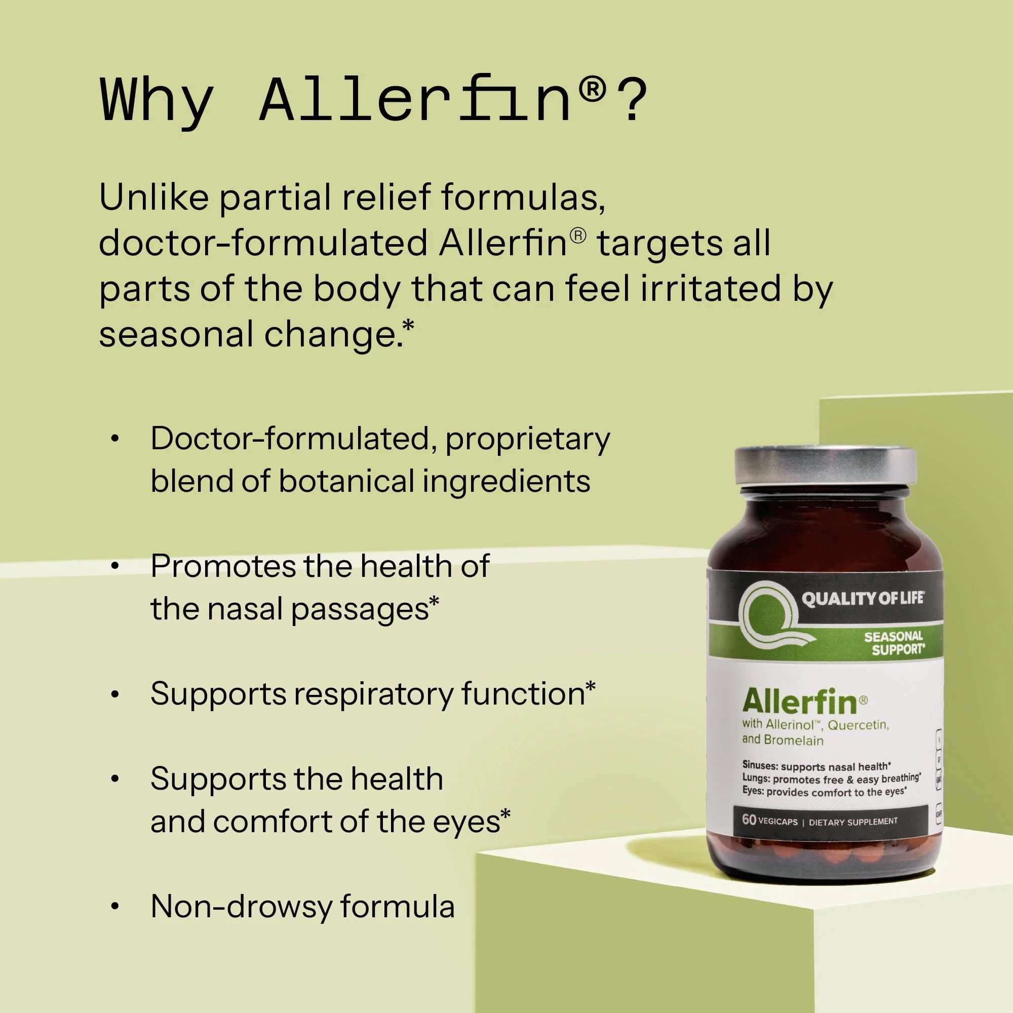 ALLERFIN - Premium Sinuses Relief Supplement – Helps Support Sinus, Nasal, Lung, Seasonal & Allergy Relief - Includes Bromelain, Quercetin, Stinging Nettle & Allerinol – 60 Vegetable Capsules