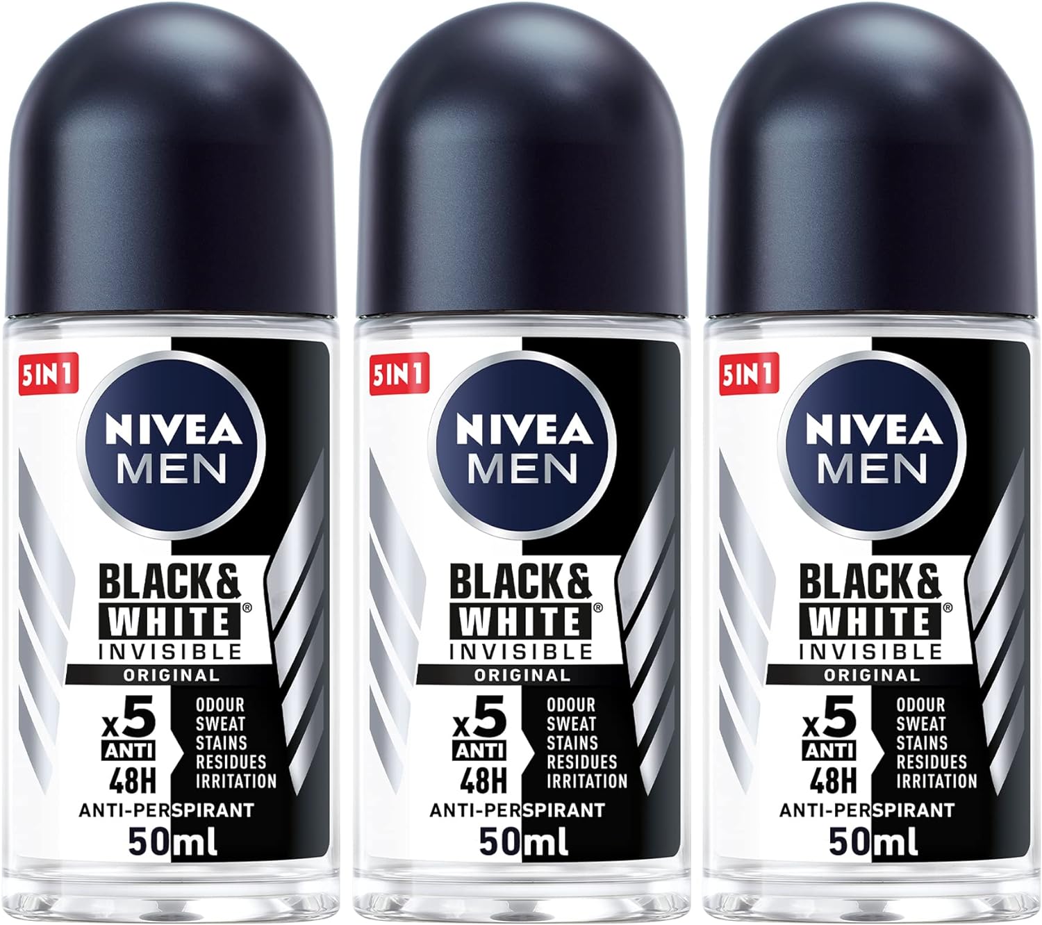 Nivea Men Antiperspirant Roll On For Men Black & White Invisible Protection Original 3X50 Ml