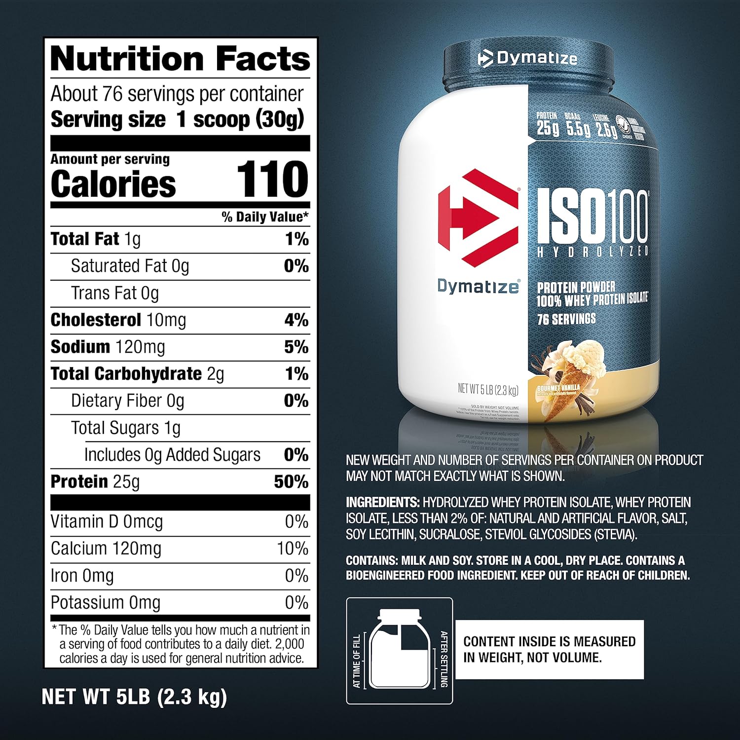 Dymatize ISO 100 hydrolyzed Protein powder 100% Whey protein 76 servings 5lb Gourmet Vanilla