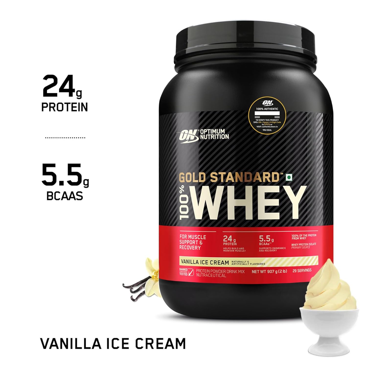 Optimum Nutrition Gold standard Whey 24g protein, 2LB, vanilla ice cream