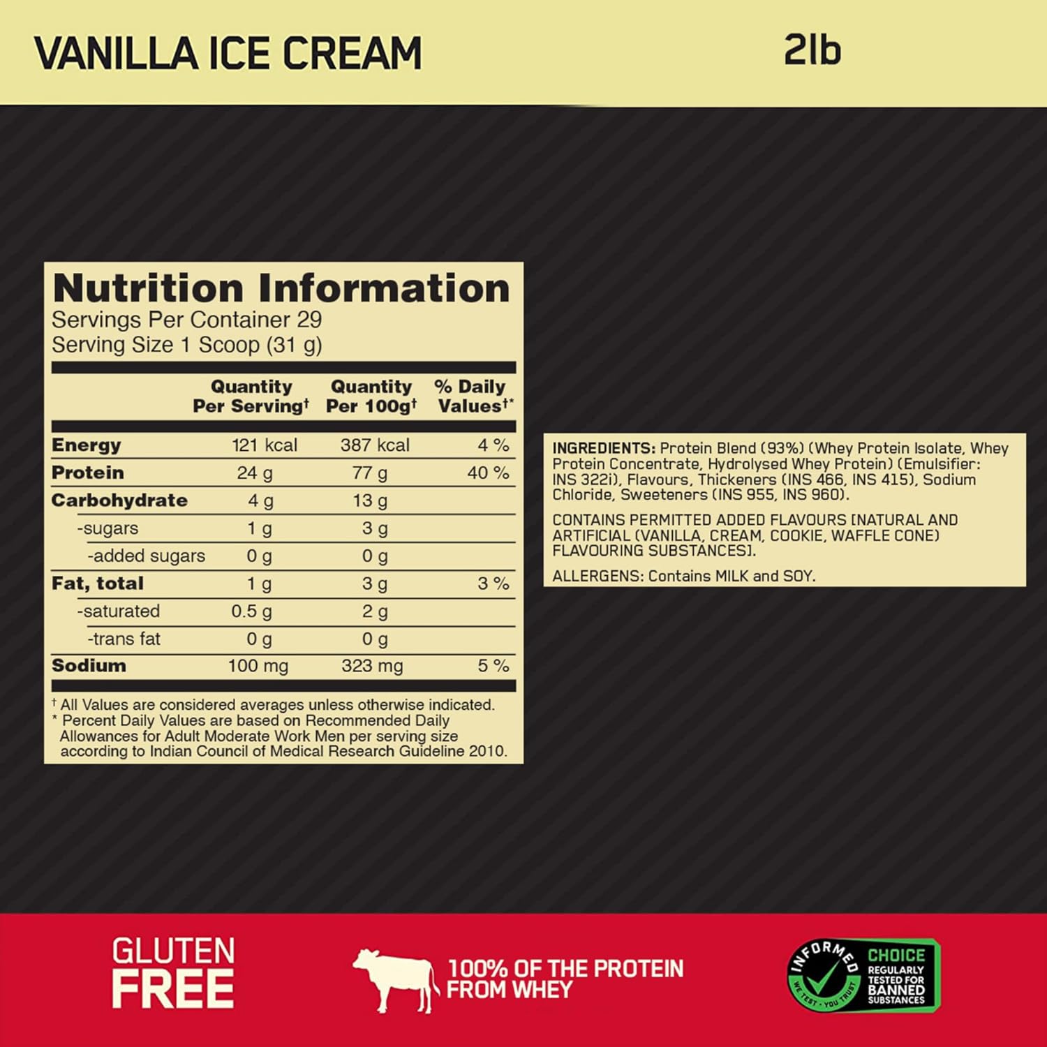 Optimum Nutrition Gold standard Whey 24g protein, 2LB, vanilla ice cream